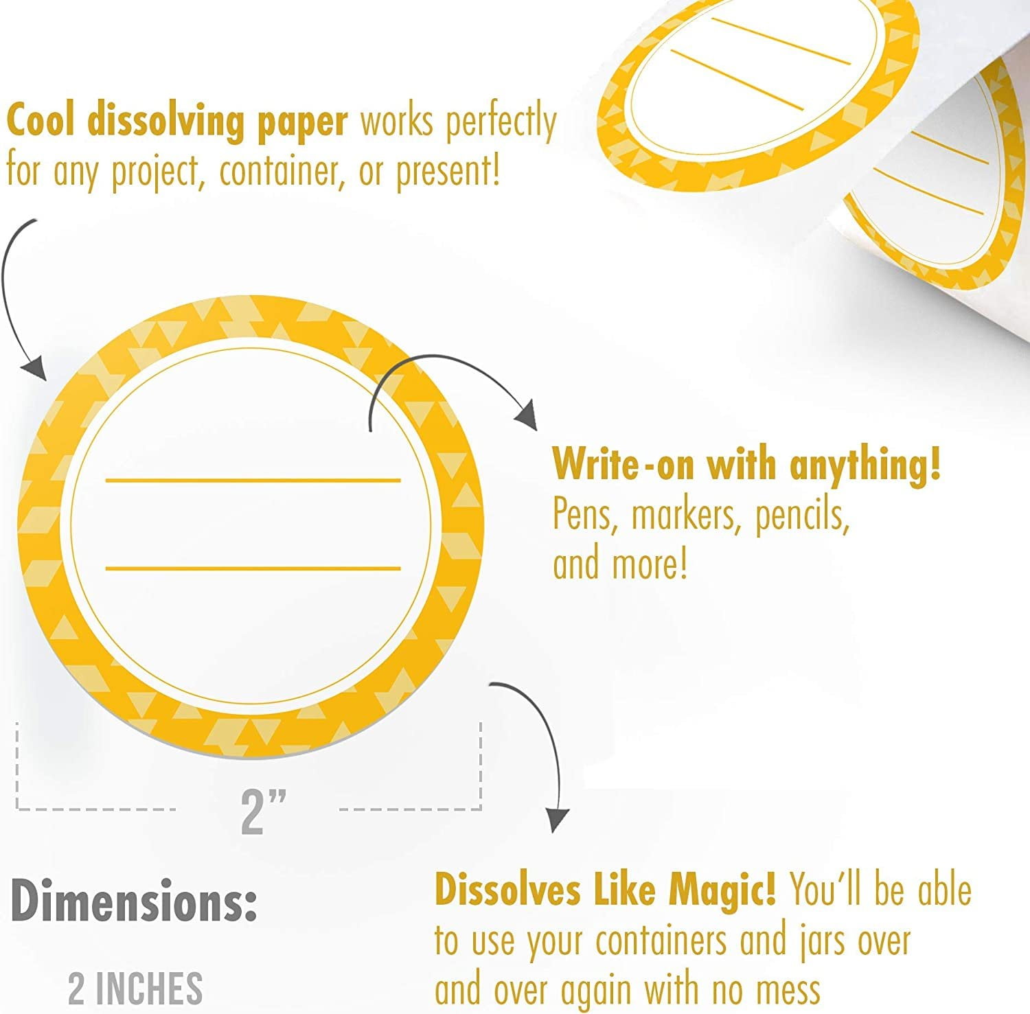MESS Dissolvable Canning Labels for Jars, Amber 2" Mason Jar Stickers, 200 Pack, Removable Food Container Labels