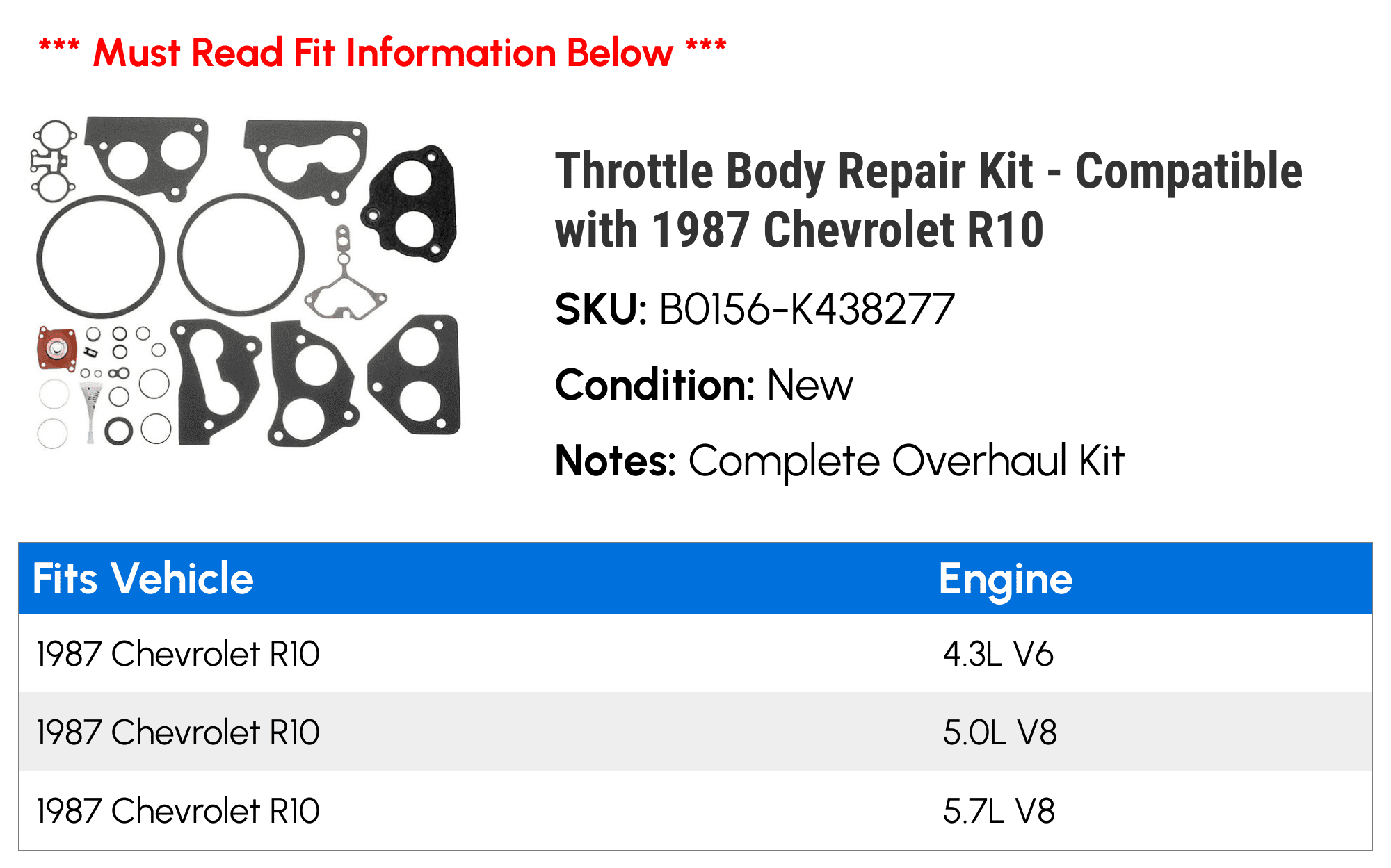 Throttle Body Repair Kit - Compatible with 1987 Chevy R10
