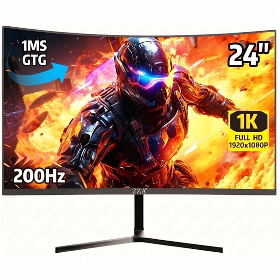 ZZA 24" Curved Gaming Monitor, 200Hz FHD 1080P Frameless, 1ms AMD FreeSync, Low Motion Blur, Eye Care, DP HDMI, VESA Mount, for PC PS5 Home Office, Black