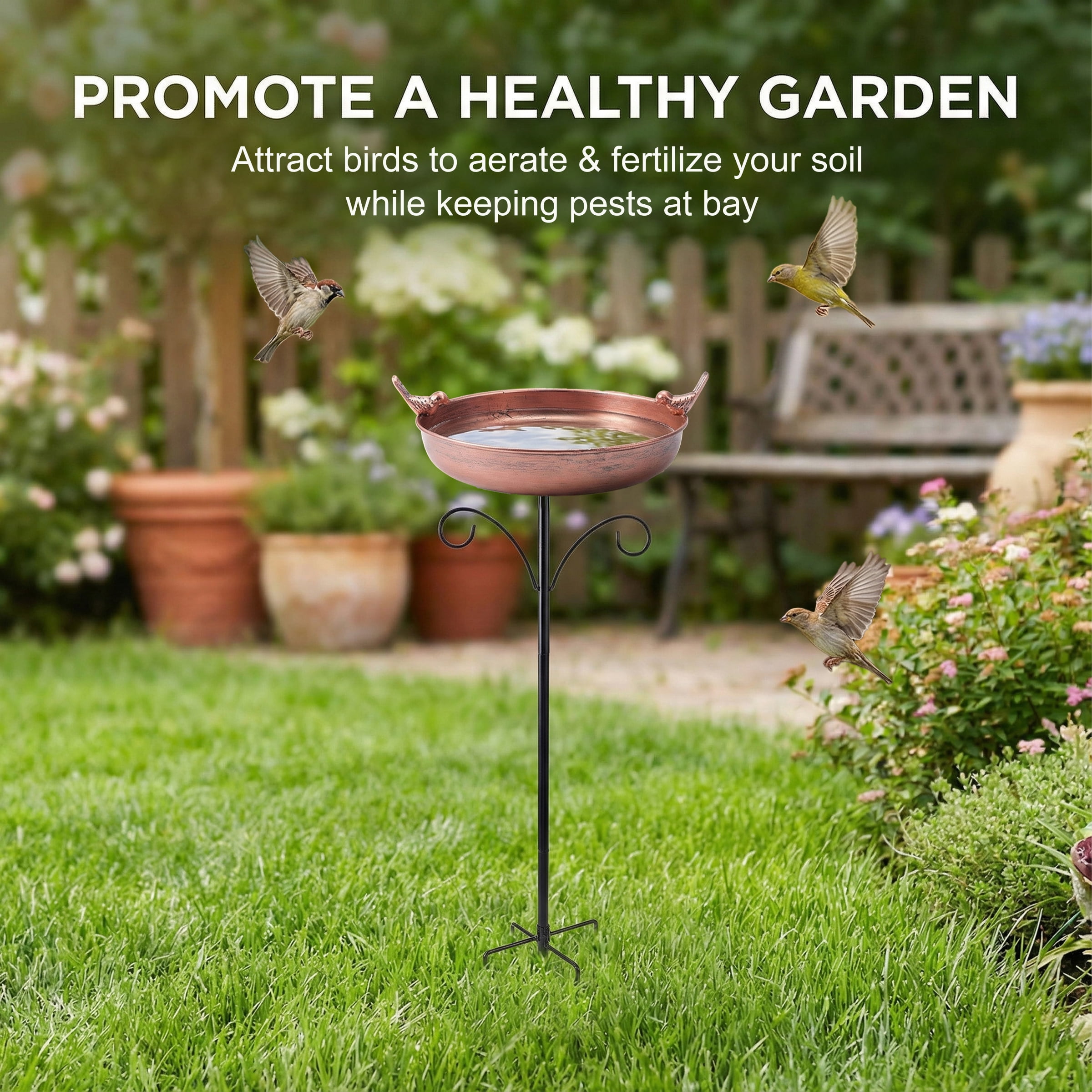 DualFerv Oval Polyresin Bird Bath Bowl with Metal Stake,31 inch Height Outdoor Freestanding Birdfeeder, 5-Pronged Base, Bronze