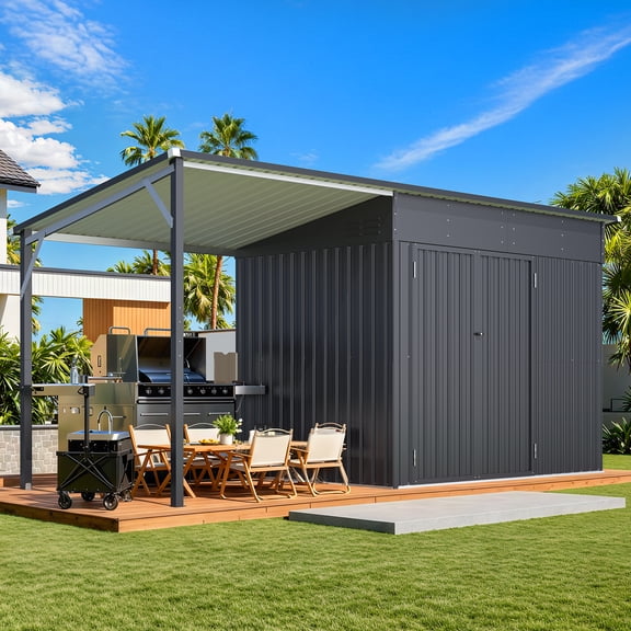 YODOLLA Metal Storage Shed with Hardtop Pergola 14x6 ft 2-in-1, 80 Sq. Ft Outdoor Tool Shed for Backyard