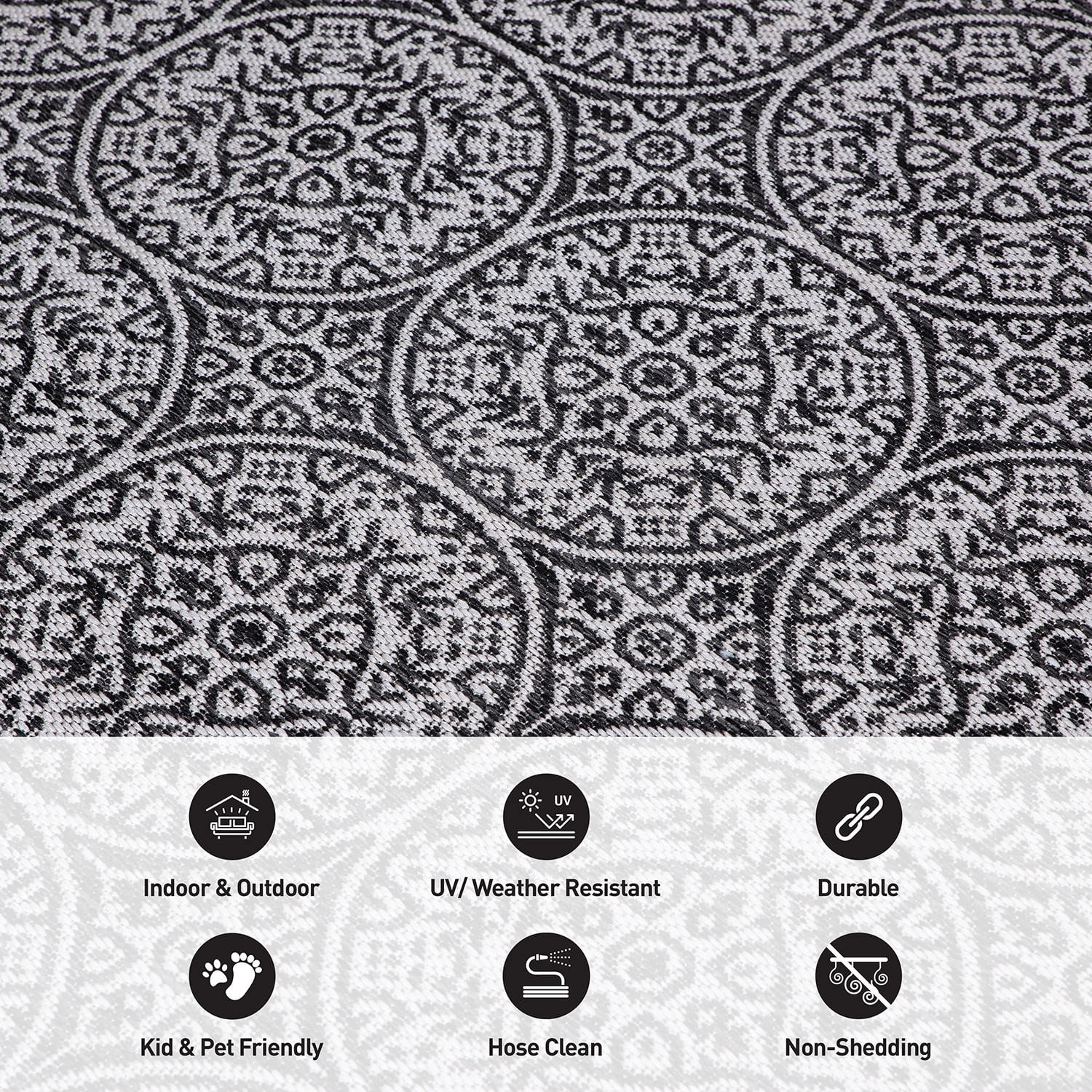 World Rug Gallery Transitional Floral Circles Textured Flat Weave Indoor/Outdoor Area Rug - BLACK 2'x7'