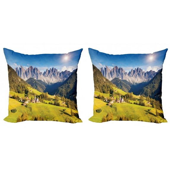 Ambesonne Nature Throw Pillow Cover 2 Pack, Morning at Countryside, 16", Grey and Green