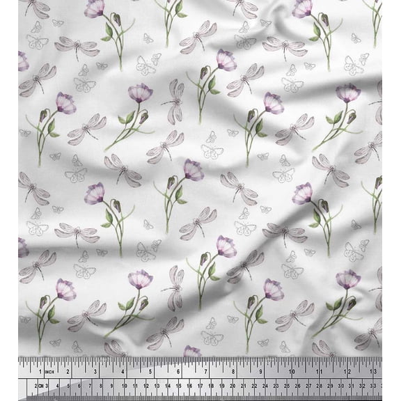 Soimoi White Georgette Viscose Fabric Dragonfly & Floral Printed Fabric 1 Yard 42 Inch Wide