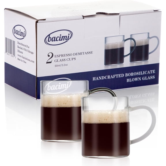 Bacimi Clear Demitasse Mini Espresso Cups with White/Smoke Handles - Set of 2 / 3oz / 90 ML - Borosilicate Glass Cups for Espresso, Cappuccino, Latte & Hot Beverage -Dishwasher/Microwave Safe