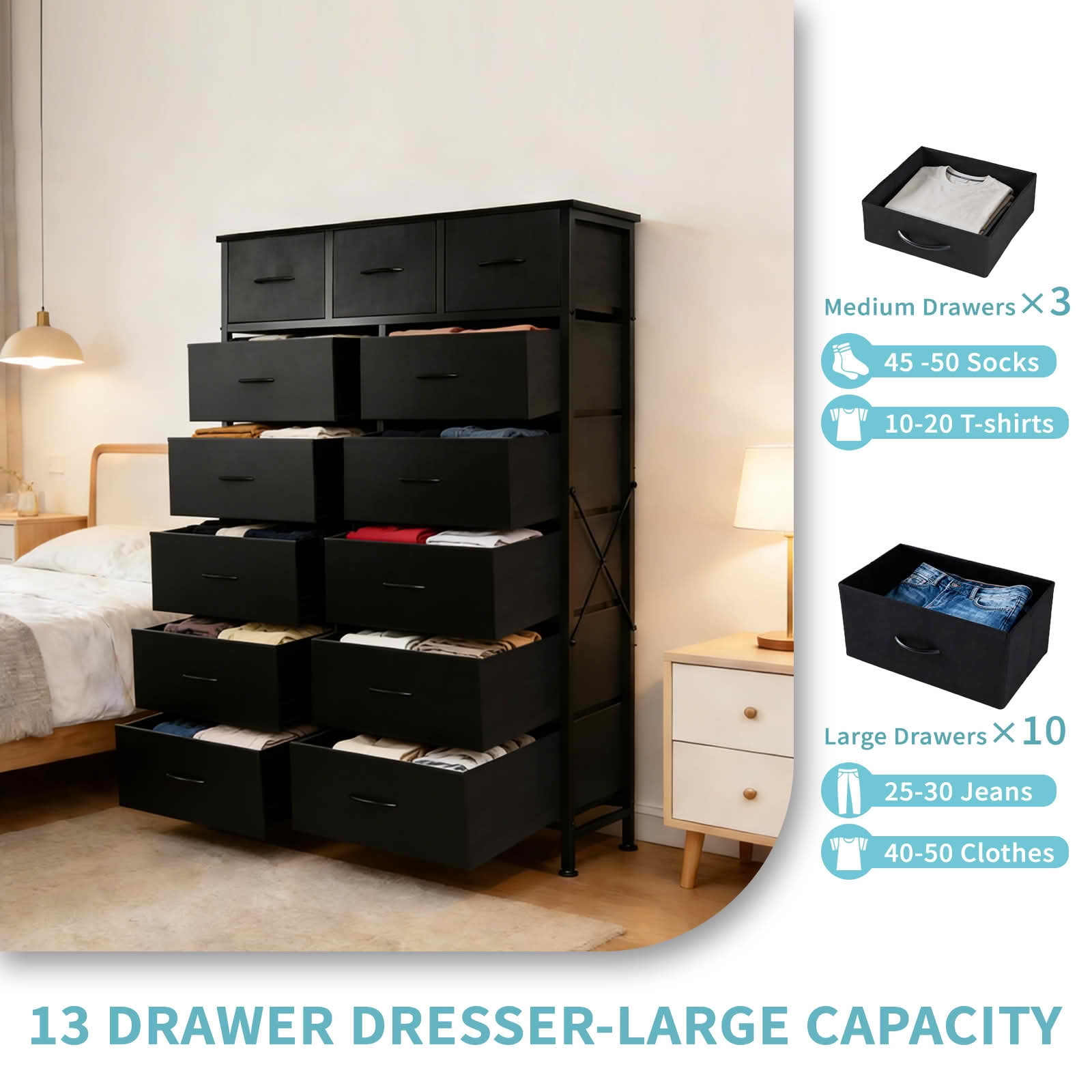 MAYEERTY 56.7-Inch Tall 13-Drawer Fabric Storage Tower, Sturdy Organizer Cabinet