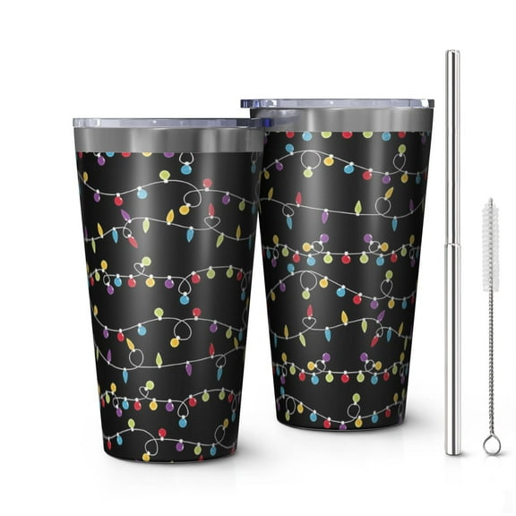 16oz Tumblers Multicolor Christmas Light Pattern Stainless Steel Vacuum Insulated Double Wall Travel Tumbler Cups Mug with Lid and Straw,Cleaning Brush for Coffee,Tea