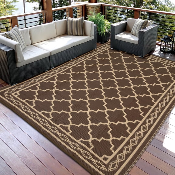 9x12ft Outdoor Patio Rug, Large Waterproof Reversible Carpet for Deck Backyard Balcony, Plastic Straw RV Camping Mat Easy Clean,Brown/Coffee