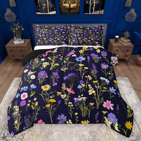 Feelyou Cartoon Jungle Floral Full Size Comforter Sets for Teen, Plant Botanical Bedding Comforter Set, Kawaii Daisy Flower Reversible Bedding Sets, Lightweight Room Decor, 3 Pieces