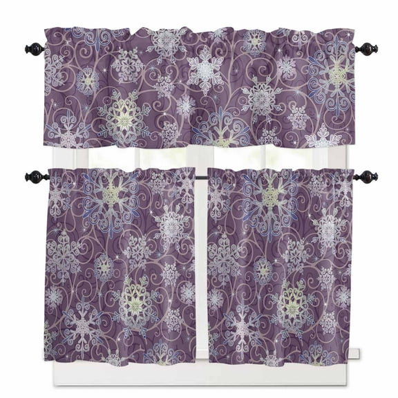 Christmas Ice Flower Kitchen Curtains and Valances Set, Winter Lace Purple Snowflake Rod Pocket Window Valance 18 Inch Window Curtain Panels for Living Room Bedroom Laundry, 27.5x36in, 3 Pieces