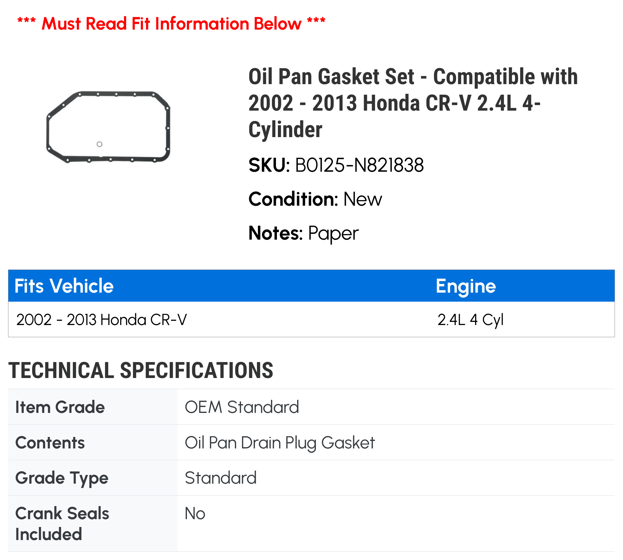 Oil Pan Gasket Set - Compatible with 2002 - 2013 Honda CR-V 2.4L 4-Cylinder 2003 2004 2005 2006 2007 2008 2009 2010 2011 2012