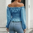 thumbnail image 3 of FAIWAD Women's Off Shoulder Cropped Tops Long Sleeve Ruffle Trim Puff Long Sleeve Tops, 3 of 8