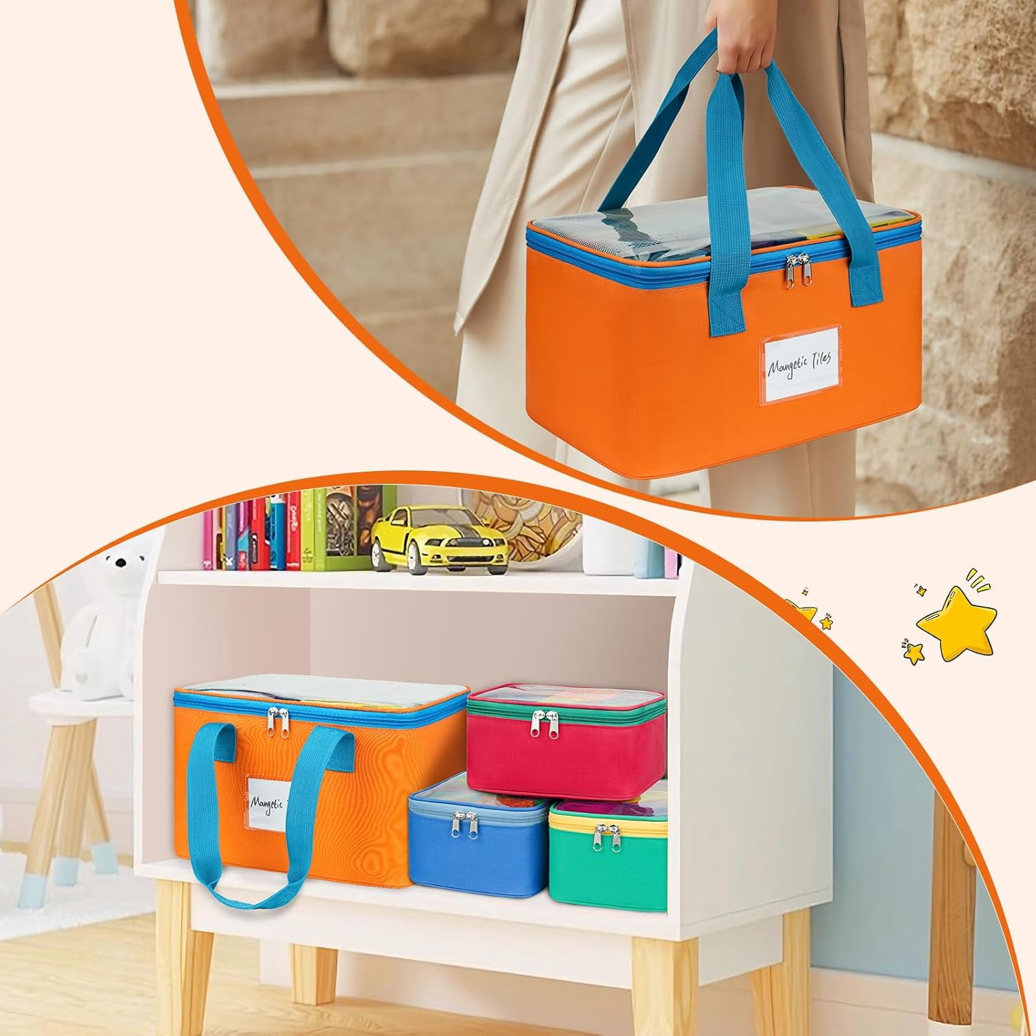 4 Packs Magnetic Tiles Storage Bags,Magnetic Tiles Storage Bin,Toy Organizer Case with Mesh Pocket and Tag Pocket for Magnet Building Tiles,Board Game,Puzzle and  Bricks