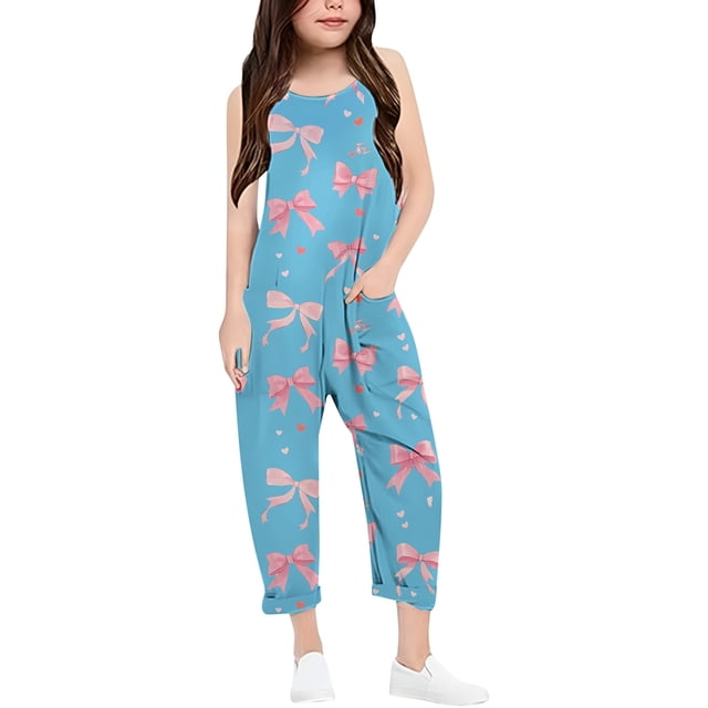 Girls Romper Bow Print Summer Rompers for Girls Spaghetti Strap Rompers with Pockets Outfits for Girls 7-8 Y