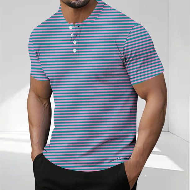 Blusas y camisas de manga corta y cuello redondo para hombre, blusa informal de poliéster de color liso con botones y cuello redondo a la moda para hombre.