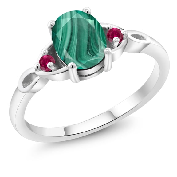 Gem Stone King 925 Sterling Silver Green Malachite and Red Created Ruby 3-Stone Rings for Women (2.10 Cttw, Gemstone, Oval 8X6MM, Size 6)