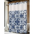 thumbnail image 2 of No Hook Shower Curtain with Snap-in Liner, Navy Blue Boho Waterproof Fabric Bathroom Curtains, Ehtnic Abstract Art Modern Geometric Bath Curtains & Mesh Top Window Stand Up Stall 72"x96" Extra Long, 2 of 9