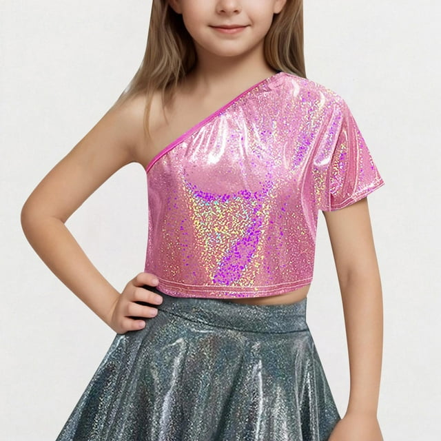 Tenue de Performance pour Enfants T-shirt à Paillettes à Manches Courtes avec Taille Apparente et Nombril Col Rond Élastique