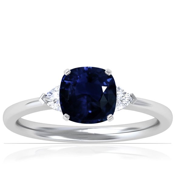 GemsNY September Birthstone - Classic Square Cushion Blue Sapphire Three Stone Ring with Trillion Cut Side Diamonds For Women (Grade - AA | 1.34cttw)