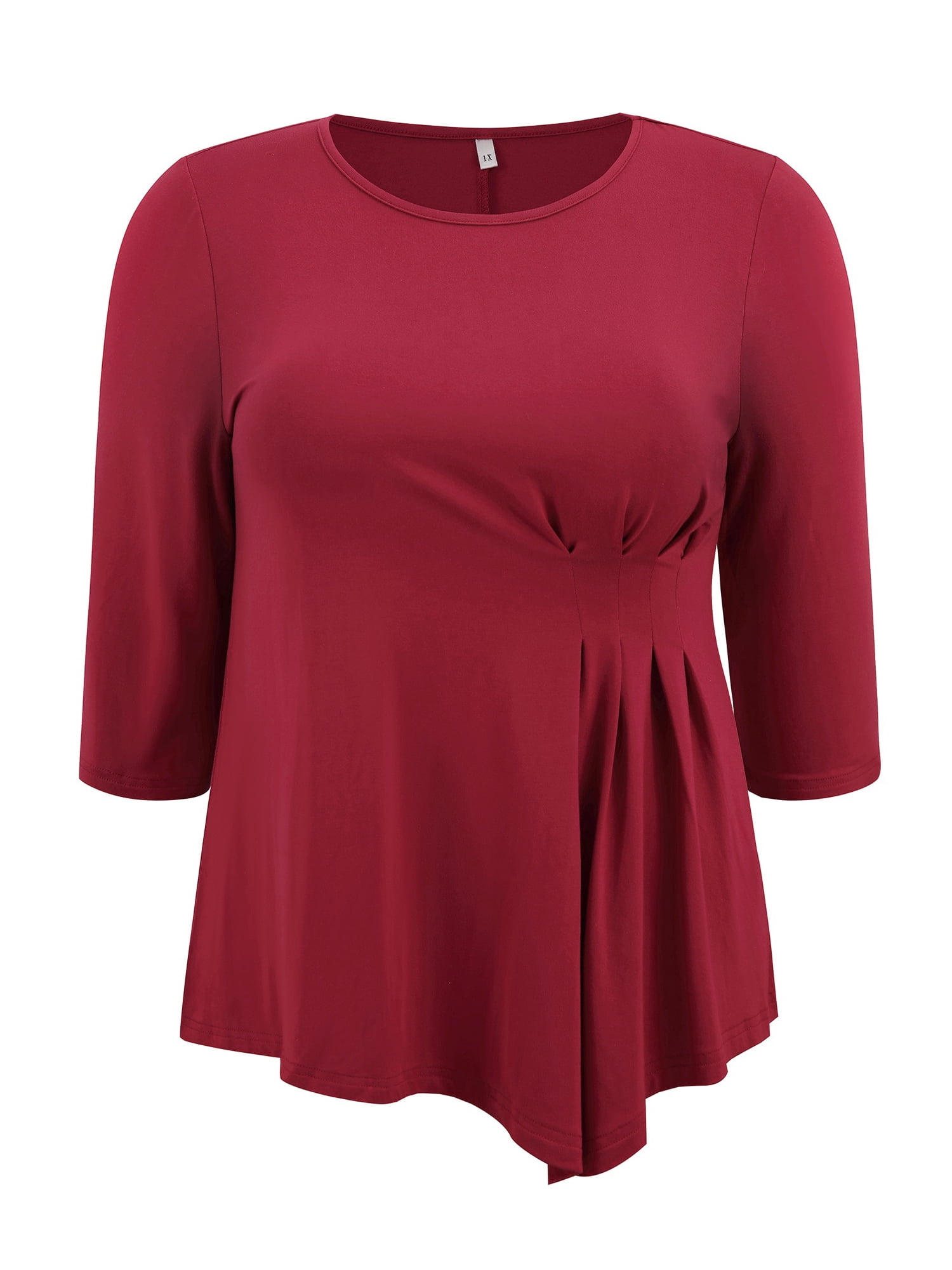 DARING DIVA Women's Plus Crew Neck 3/4 Sleeve Waist Pleated Blouse 4X Red
