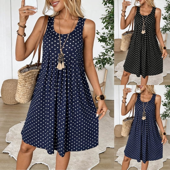 FRSASU Summer Dresses for Women Sleeveless Casual Floral Loose Tank Beach Sundress with Pockets Navy