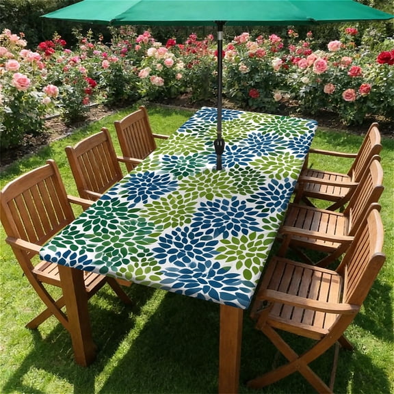 Rectangle Outdoor Tablecloth with Umbrella Hole and Zipper Waterproof Rectangle Fitted Tablecloth with Elastic Edge, Wipeable Outdoor Table Cover for Patio, Garden, Picnic