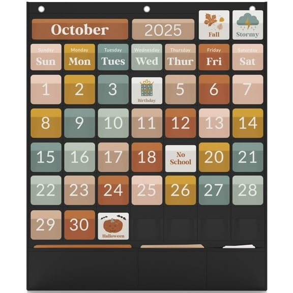 Classroom calendar pocket chart for s, educational boho decor with 86 colorful cards, perfect for home, elementary , interactive learning, black