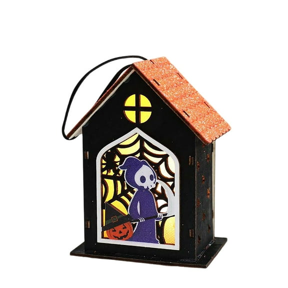 JIhuahe Glowing Skeleton Wooden House Decor, Halloween Hanging Ornament with LED Lights, Haunted Party Props and Spooky Garden Decoration for Trees and Fences,A