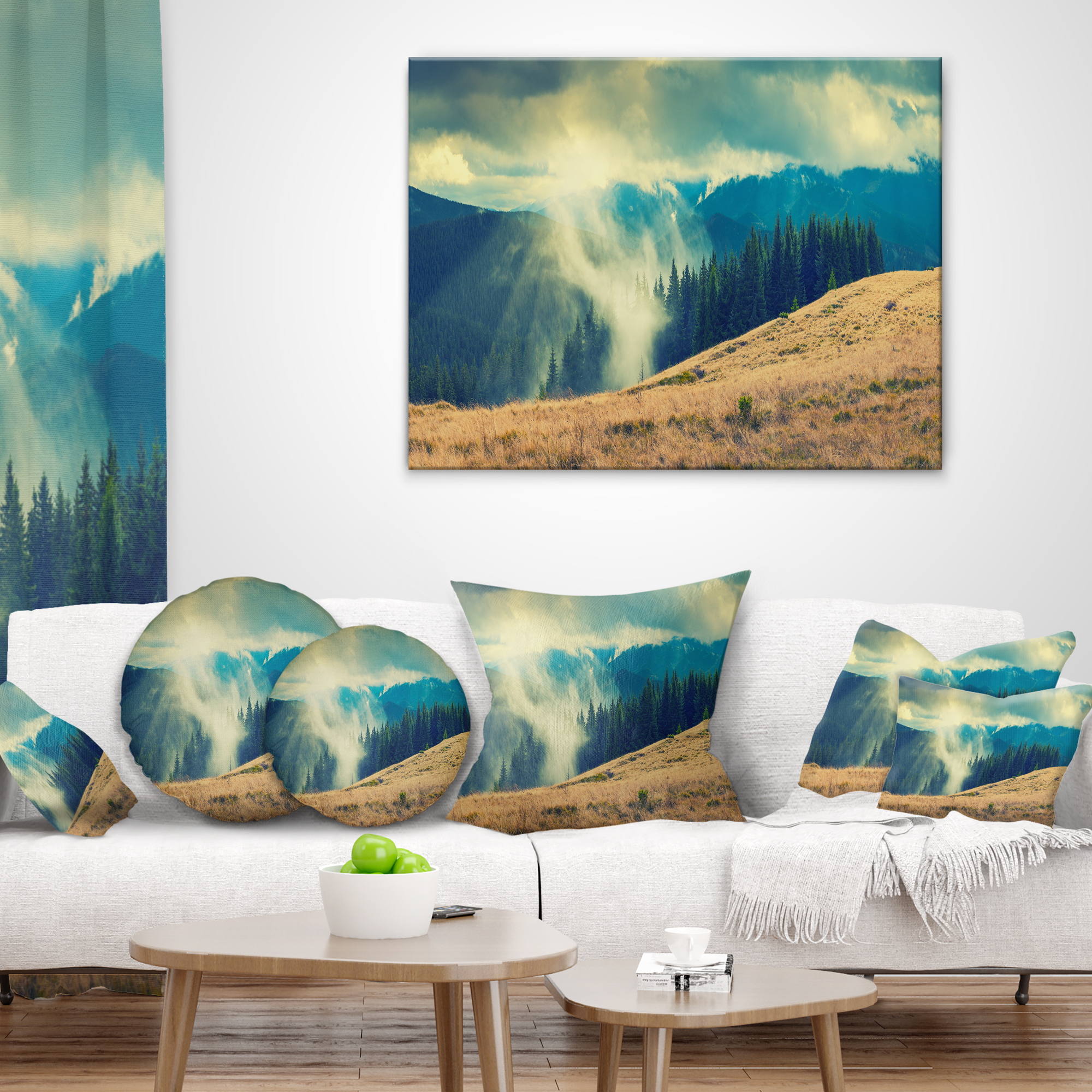 Designart Blue Forest in Fog - Landscape Photography Throw Pillow - 12x20