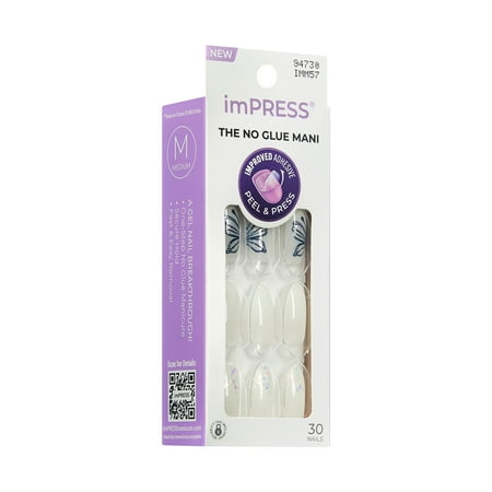 KISS imPRESS Design Press on Nails, Dazzle, White, Medium Almond, 30 Count