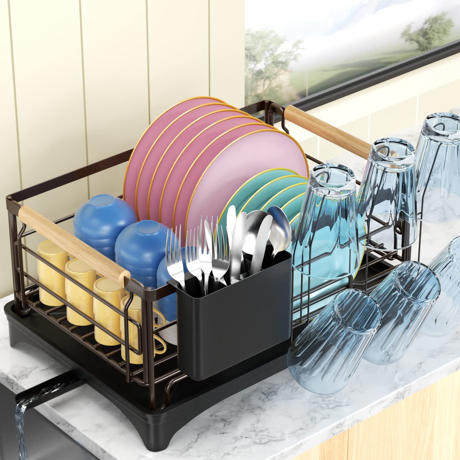 éscu 2-Tiered Dish Drying Rack​ with Drip Tray for ​Counter and