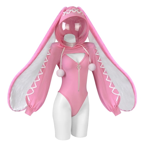KORURACLUB Heart-Lock Floppy Bunny Jumpsuit Cosplay Outfit for Women Comfortable Fit Minimalist Basic Pink Costume