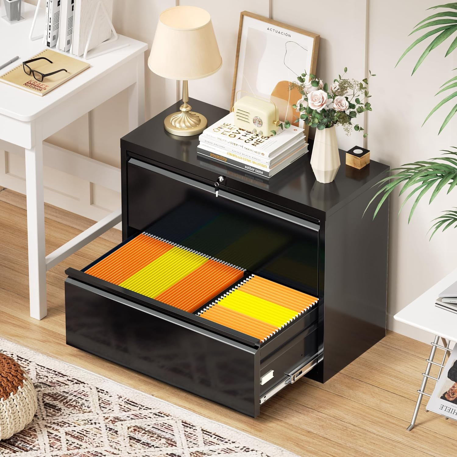 SUNCROWN File Cabinet 2 Drawers, Metal Lateral Filing Cabinet with Lock for Home Office, Locking Horizontal File Cabinet for Hanging Files Letter/Legal/F4/A4, Black-28”W, Easy Assemble