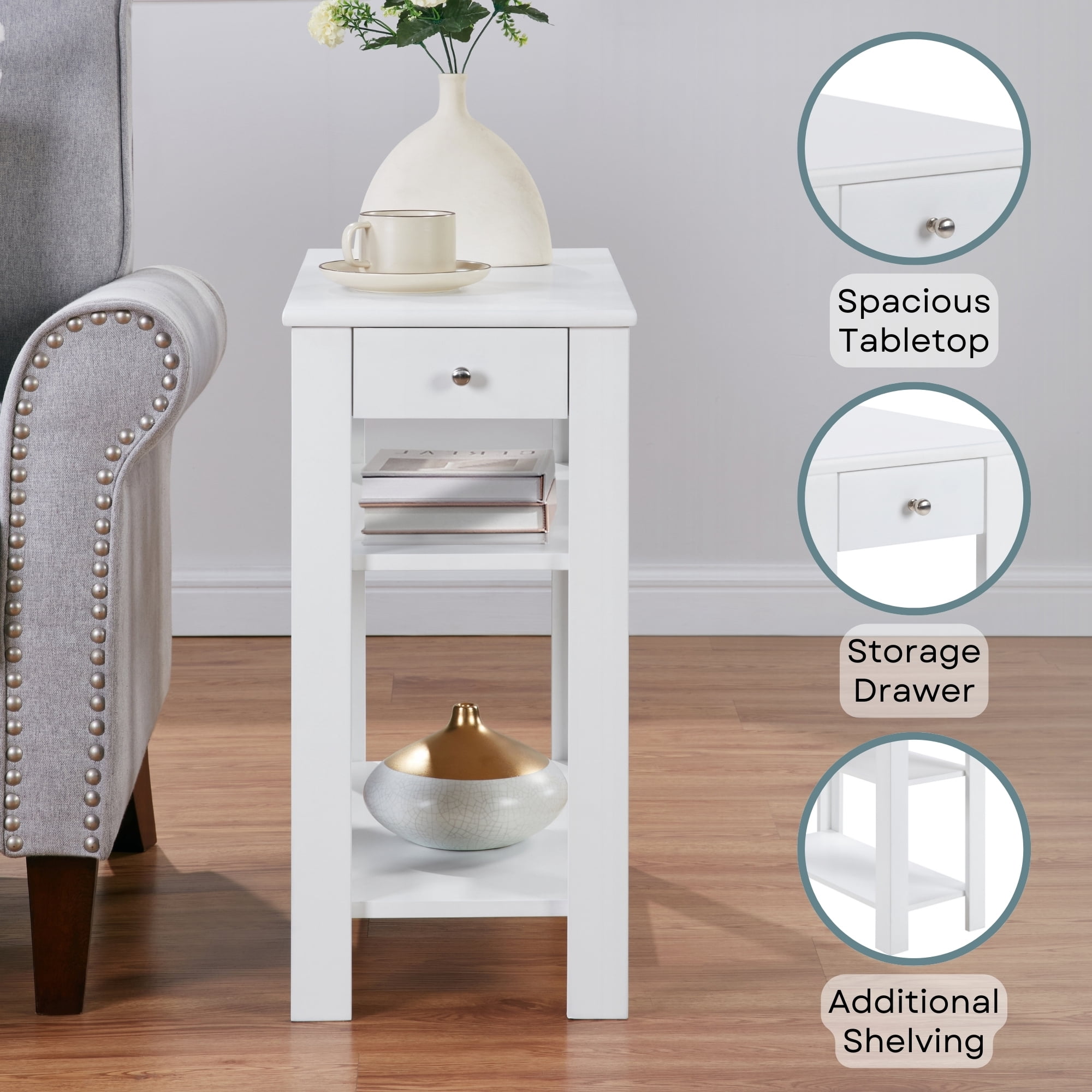 Convenience Concepts Designs2Go Baja 1 Drawer Chairside End Table with Shelves, White