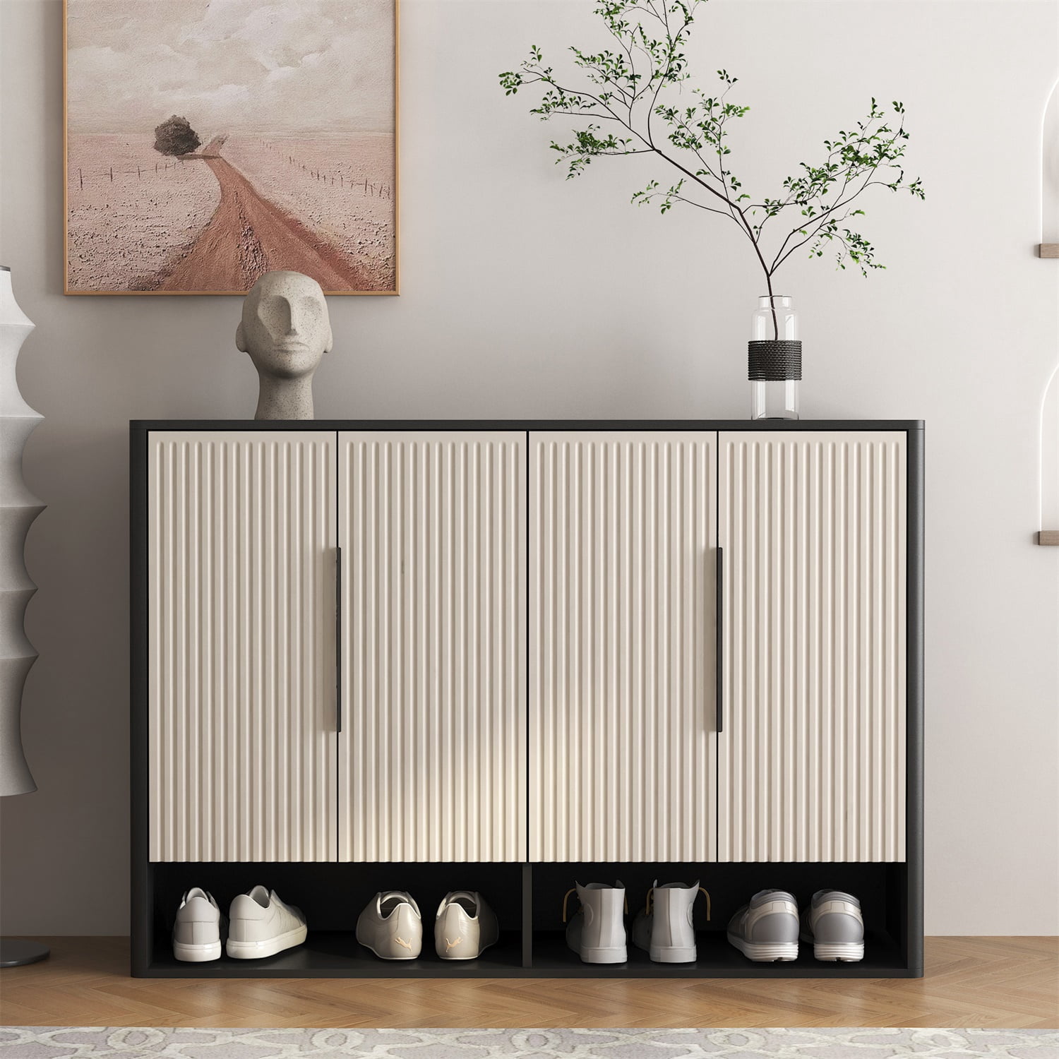 Hommoo Shoe Cabinet with 4 Doors &Adjustable Shelves, Modern Shoe Storage Organizer Cabinet, Shoe Rack Cabinet for Entryway Living room, Bedroom, Black & White