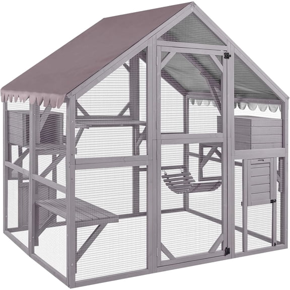 Morgete 110'' Extra Large Cat House Outdoor Walk-in Enclosure Wooden Catio Cage with Bridges, Platforms, Rest Rooms, Roof Cover