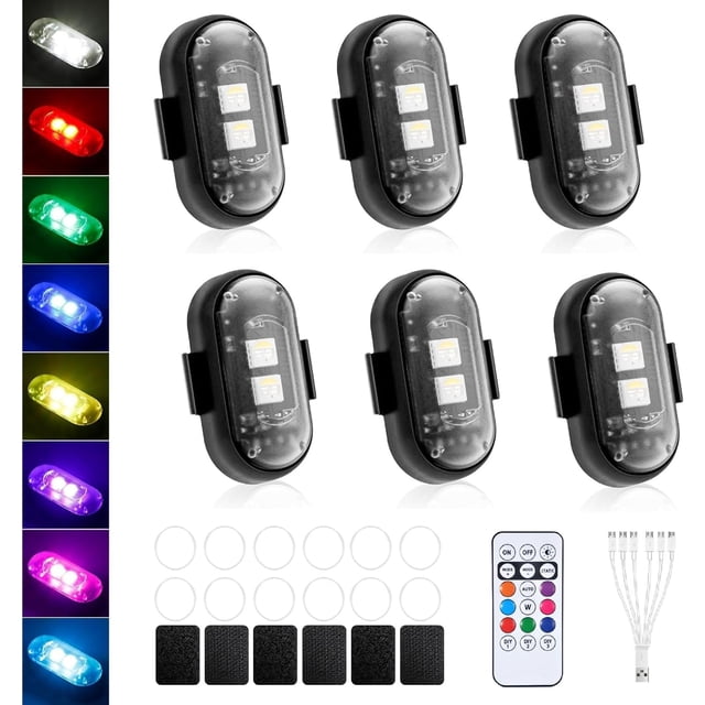 Pack de 6 Luces Strobe LED Magnéticas con Control Remoto, Luces estroboscópicas LED Inalámbricas, Luces Anticolisión Recargables para Coche, Moto, Bicicleta, 8 Colores, Impermeables (6PC),6PC