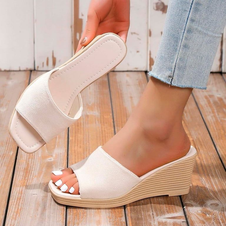 YUHAOTIN Nude Strappy Sandals Sandals Summer New Pattern Fashion Simple Solid Color Thick Sole Wedge Comfortable Non Slip Slip on Shoes Walking