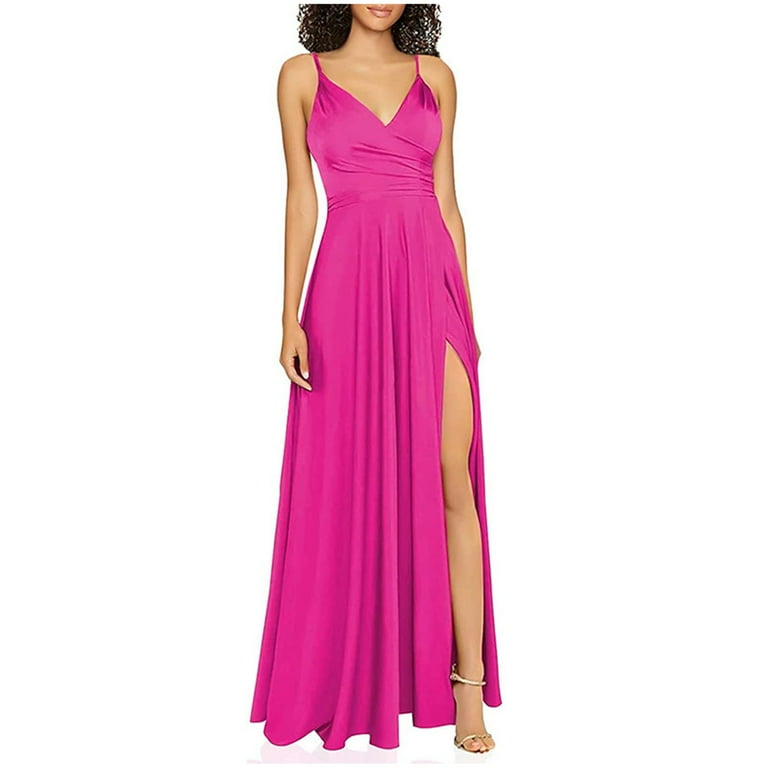 ZQUUVOU Women's Cocktail Maxi Dress High Split V-Neck Long Bridesmaid  Dresses Elegant A-line Evening Pleated Gowns Hot Pink - Walmart.com
