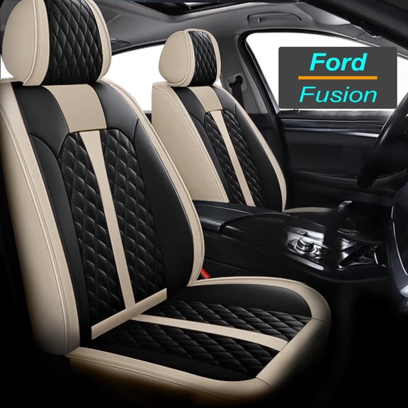 IKABEVEM for Ford Fusion 2006-2020 Car Seat Cover,Standard Leather Car Seat Covers, Universal Anti-Slip Driver Seat Cover (Black&Beige)