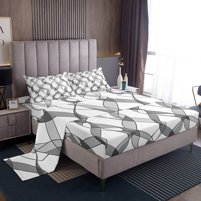 Erosebridal Teens Bow Sheet Set Full, Grey Bedding Sets Full Size, Abstract Stripe Decor, 4 Pieces