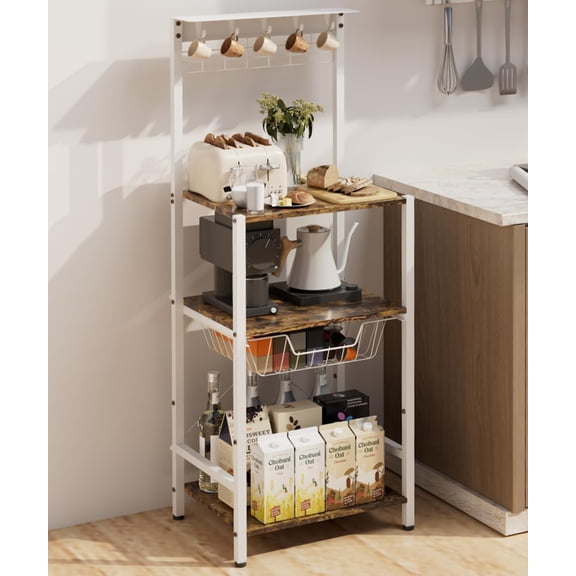 4 Tier Coffee Bar Station, Corner Bakers Rack with 5 Hooks & Wire Basket, Coffee Maker Stand for Small Space, Kitchen Stora   Shelf for Entryway, Living Room, Café, White, 16.5"x13"x47.8"