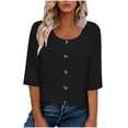 thumbnail image 2 of Yrmaups Loose Fit 3/4 Sleeve T Shirt for Women Plus Size, Casual Round Neck Button Down Blouse, Soft Stretch Basic Tee for Vacation Office Home Daily Wear, Black 3XL, 2 of 6