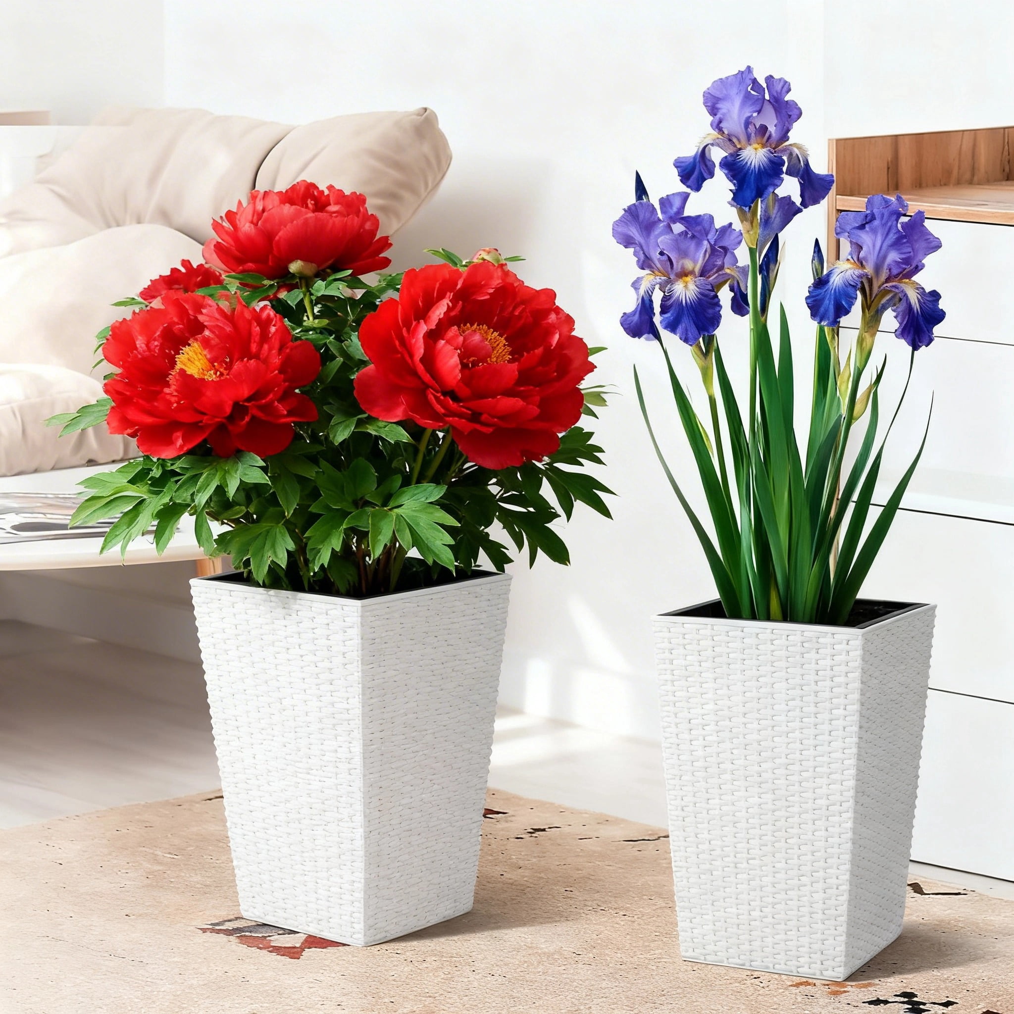 Garvee 15.6" Tall Planter Pots Set of 2, Rattan style, Tray & Water Level Monitor, White