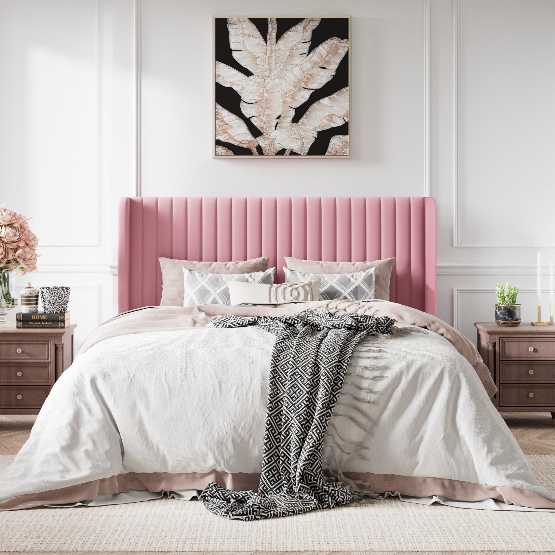 Amolife Velvet Wingback Headboard Full Size Platform Bed Frame  Vertical Stripe, Pink  (图2)