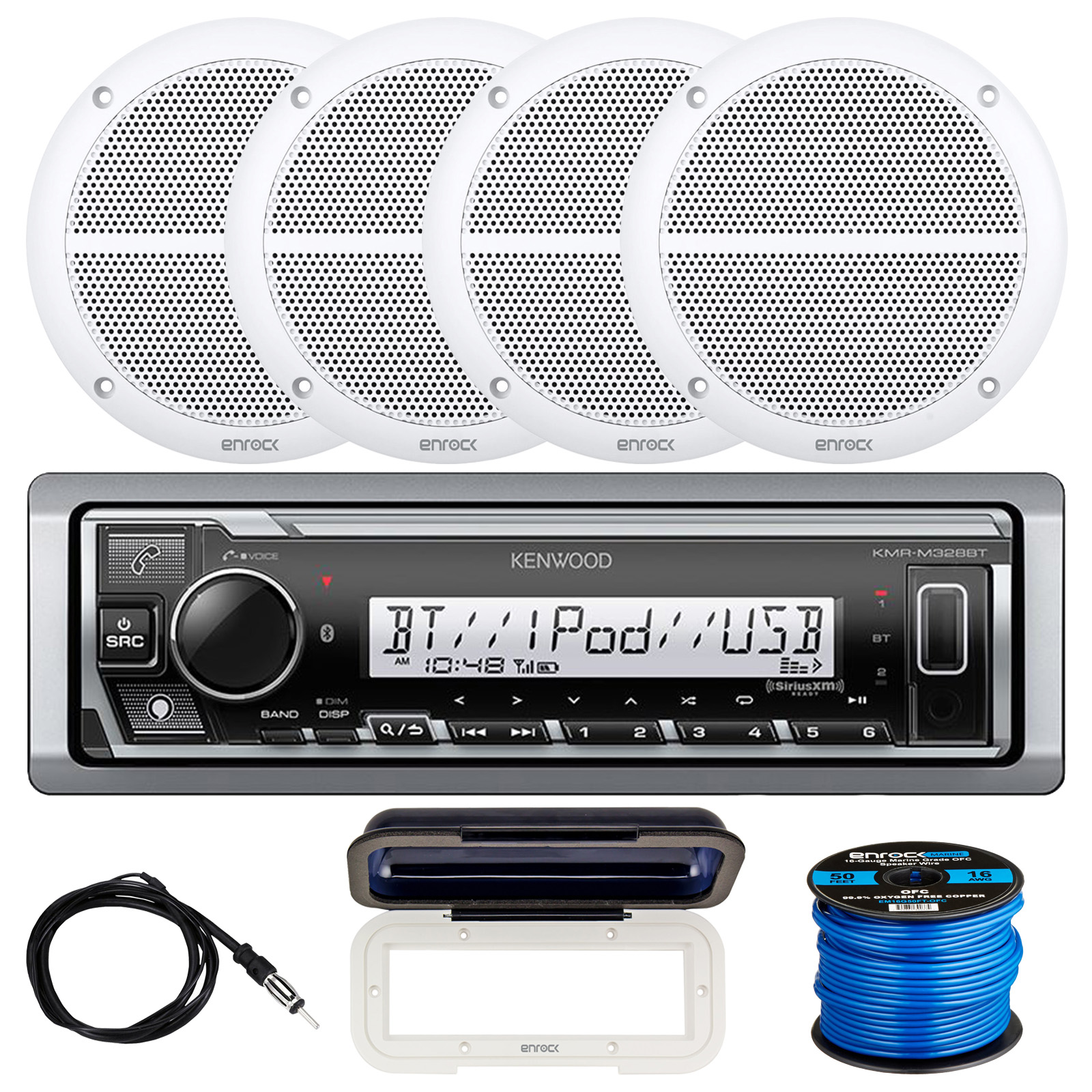 Kenwood KMRM328BT Marine Digital Media Bluetooth Receiver, 4 x Enrock