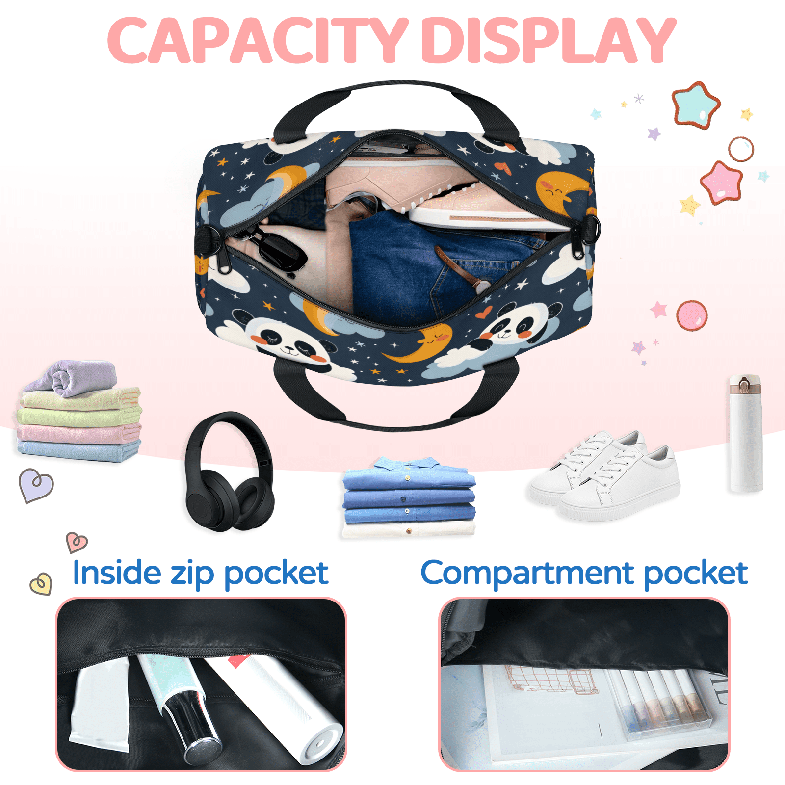 Herdesigns Cute Pandas Gym Bag for Women, Duffle Bag for Travel Sport, Rainbow Cloud Star Lightweight Waterproof Carry on Weekender Dance Yoga Workout Bags