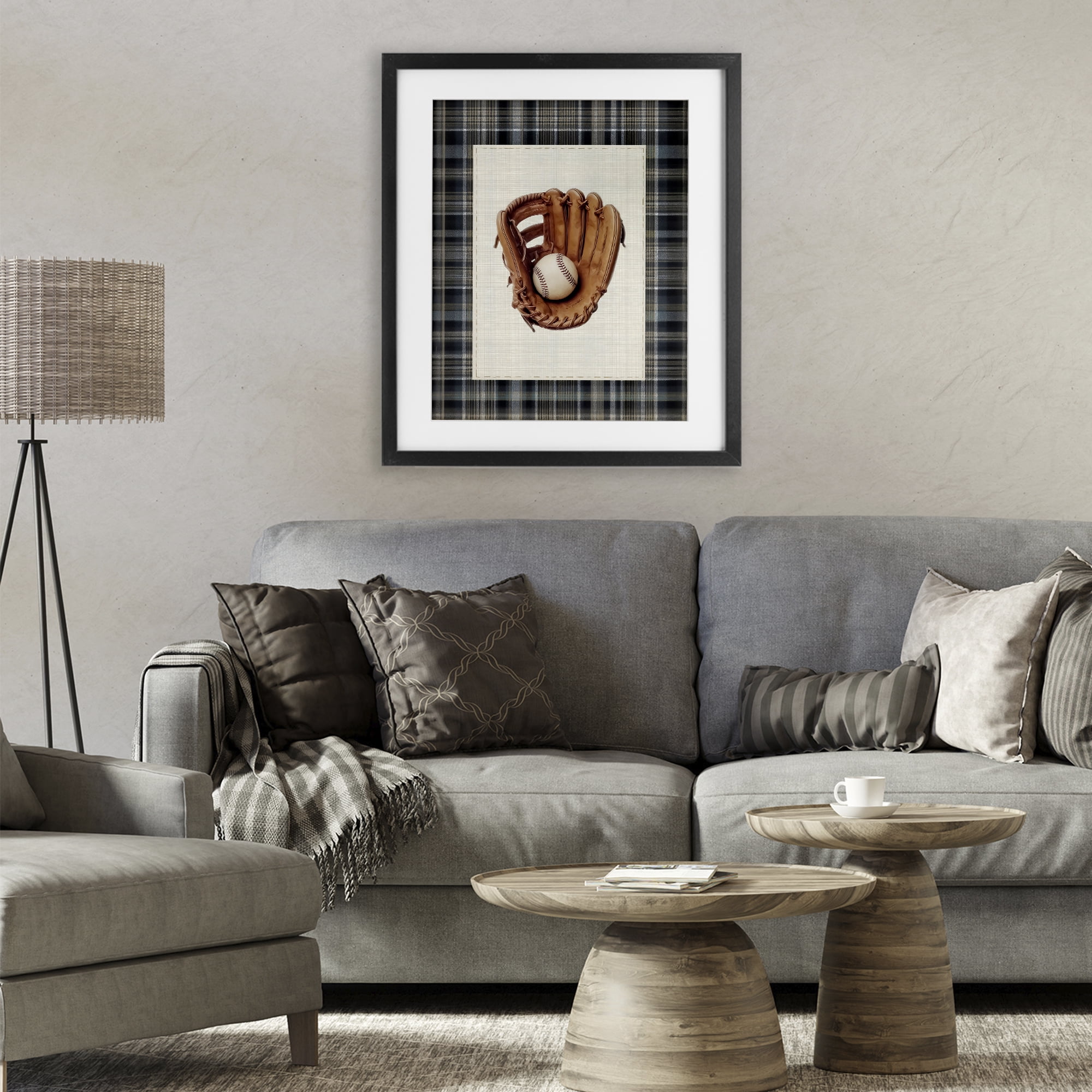 Stupell Industries Baseball Glove with Plaid Black Framed Print Under Glass, design by Arlington Prints