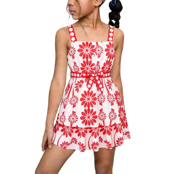 Kids Summer Square Neck Dress Girls Casual High Waist Floral Beach Vacation Ruffle Hem Aline Going Out Dress ( Red, 9-10 Years )