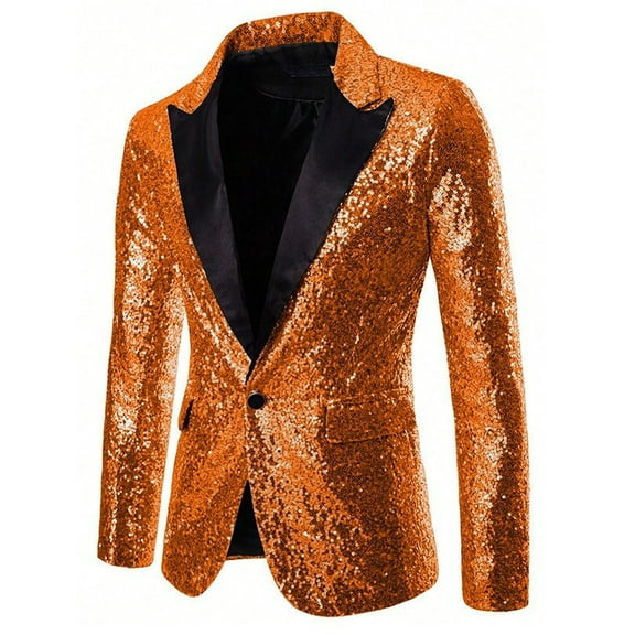 HOOMEUMY Tuxedo Jacket for Men Blazer One Button Sequin Dress Suit Jacket Party Festival Tuxedo Coat Formal Prom Blazer Jackets (Orange,XXXL）